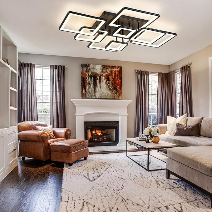 Modern LED Ceiling Light, Dimmable LED Chandelier Black Flush Mount Ceiling Lights, Remote Control Acrylic Ring Ceiling Lamp Fixture for Living Room Dining Room Bedroom, 8H-FANG-BL-04