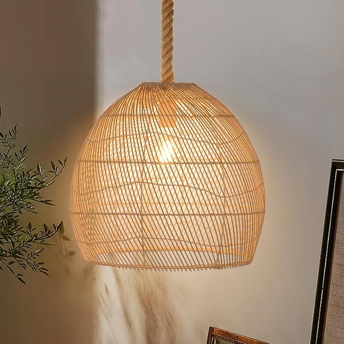 Arturesthome Natural Rattan Pendant Light for Kitchen Island, Woven Lamp Shade Chandelier, Hanging Ceiling Light, Handmade Lampshade Rope Lamp D15.7in*13.7in