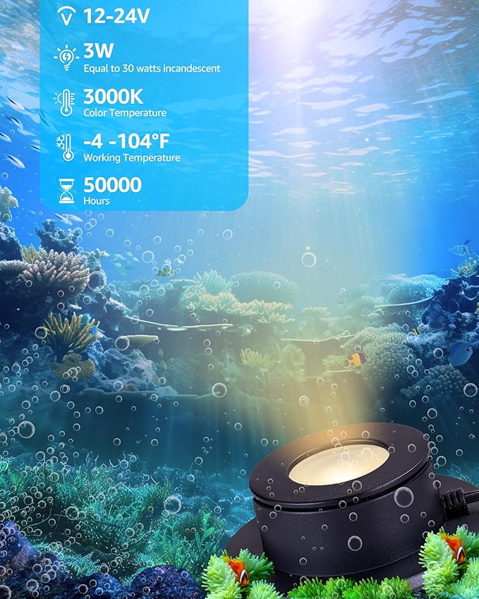 SUNVIE Pond Lights LED Underwater 3W Fountain Lights LED Underwater 12-24V AC/DC Low Voltage Pond Light 3000K Warm White IP68 Waterproof Underwater Ponds Light for Outdoor Ponds Fountains Waterfalls