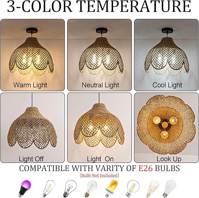 Rattan Pendant Light Fixtures,18.11" Boho Seagrass Pendant Light,3-Light Hand Woven Water Plants Rattan Chandelier for Dining Living Bedroom Kitchen Farmhouse