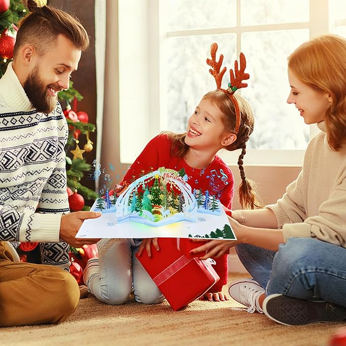 FaCraft Musical Christmas Cards, with Lights and Music, 15.4 x 10.4 inch Handmade 3D Large Pop Up Christmas Card, with Envelope Blank Insert and Seal for Winter Holidays New Year (Woodland)