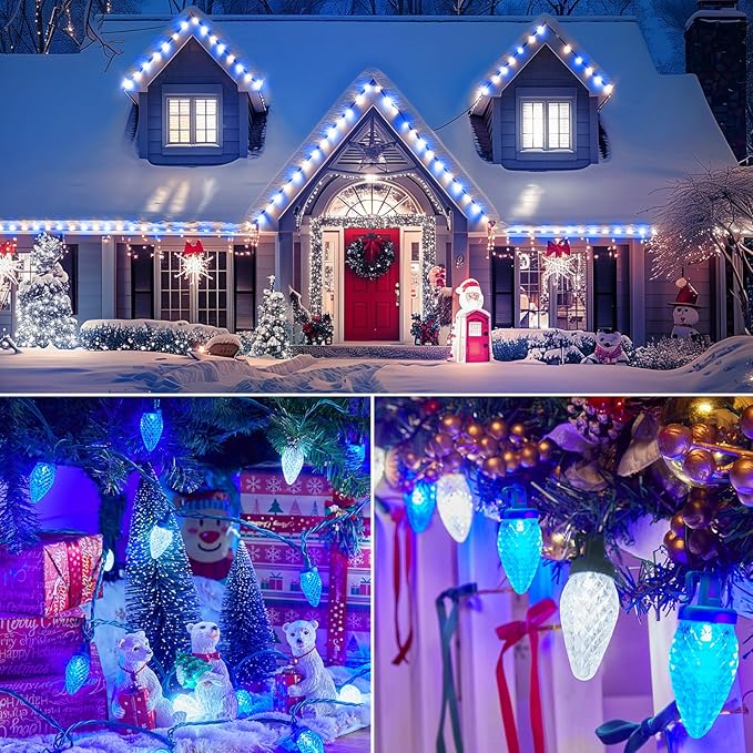 Brightown C9 Christmas Lights Outdoor 2 Pack - Total 162 FT 200 LED C9 String Lights, with Timing & Memory, 8 Modes, Connectable, Waterproof - for Indoor Outside Tree Home Yard Decoration, Blue&White