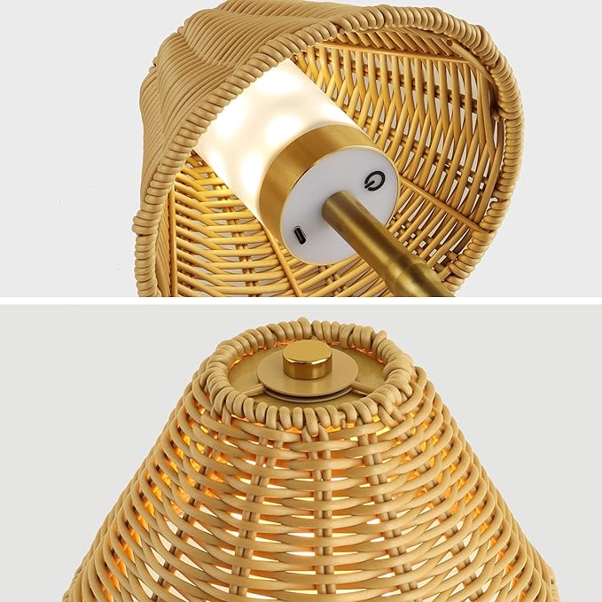 Mr.White Rechargeable Cordless Table Lamp with Wicker Shade, 5200mAh Battery Operated Portable Table Light with Touch Control, for Patio Restaurant Kitchen Dinner (Gold)