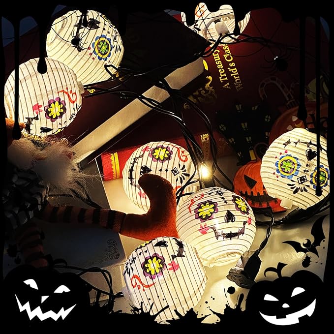 Halloween Jack Skellington Ghost Lights, 8.5FT Connectable String Lights with 10 LED Nylon Lanterns, Indoor Outdoor Halloween Decorations for Bedroom, Party, Fireplace, Yard