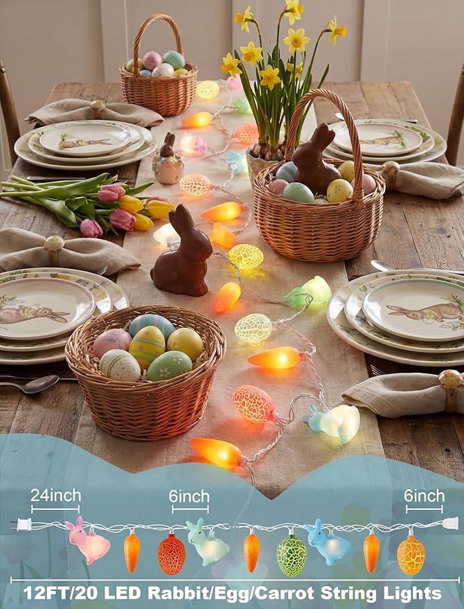 Easter Rabbit Carrot Egg String Lights, 12Ft 20 LED Multicolored Bunny Carrot Easter Egg Fairy Lights, Plug in Spring Decor for Indoor Outdoor Home Bedroom Garden Party Decorations