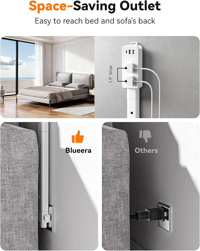 Blueera Electrical Outlet Extender Features USB-C, 2 USB-A, 2 AC Outlets, Access Hard-to-Reach Places, Extends 17''-36'', Extendable Outlet with 4-Way Plug for Behind Couches, Nightstands-1 Pack