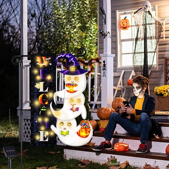 Halloween Lighted Garden Flag, Solar Welcome Ghost Yard Flag for Outside, 8 Modes Double Sided Welcome Halloween Ghost Outdoor Decorations for Home Porch