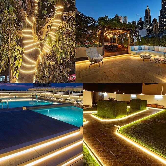 50Ft Solar LED Strip Lights Outdoor, 540 LED Long Strip Lights IP68 Fully Waterproof Acrylic Tape with Remote Self-adhesive, Cuttable Auto ON/OFF Rope Lights for Patio Pool Camping Decor (Warm White)
