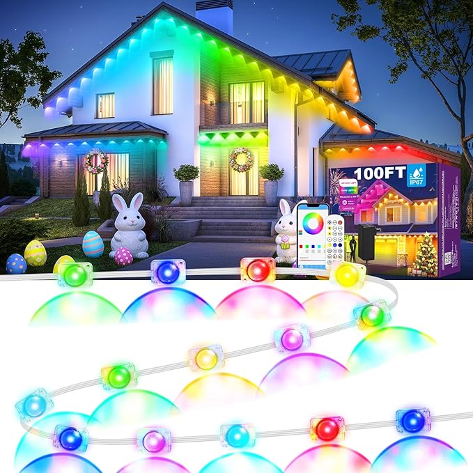 MUCCCUTE Permanent Outdoor Lights for Easter100ft RGB + IC Eaves Lights with App & Remote Control, Outdoor String LED IP67 Waterproof for Holidays New Year July 4th Roof Eaves House Garden Decor