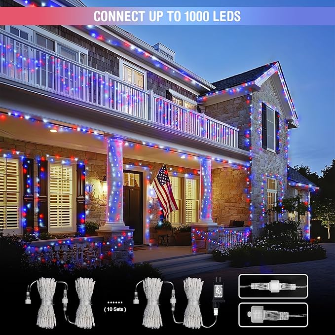 JMEXSUSS 2 Pack 100 LED Red White and Blue Lights, 33ft Connectable 4th of July Lights Outdoor, 8 Modes Patriotic String Lights Indoor for Independence Day 4th of July Memorial Day Holiday Decor