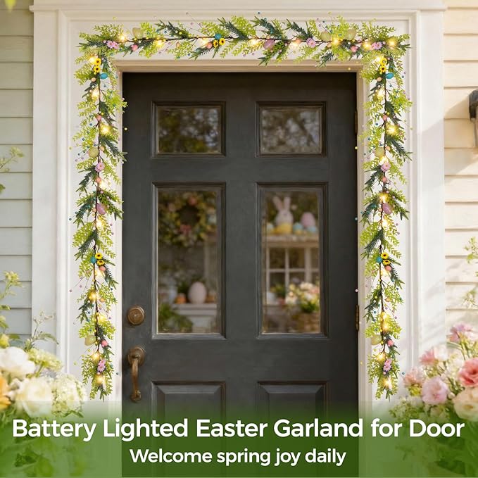 6FT Prelit Easter Garland with 20 LED Lights & 8 Modes Timer,Easter Decorations for Home,Battery Operated Lighted Easter Egg Garland with Berry Daisy for Mantle Door Table Indoor Outdoor Spring Decor