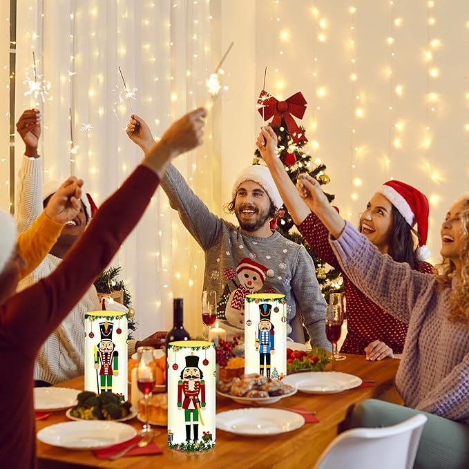 Tiamon 4 Pcs Nutcracker Christmas Flameless Candles Realistic Battery Operated LED Candles with Timer Remote Warm Light Flickering Pillar for Xmas Holiday Table Decorations