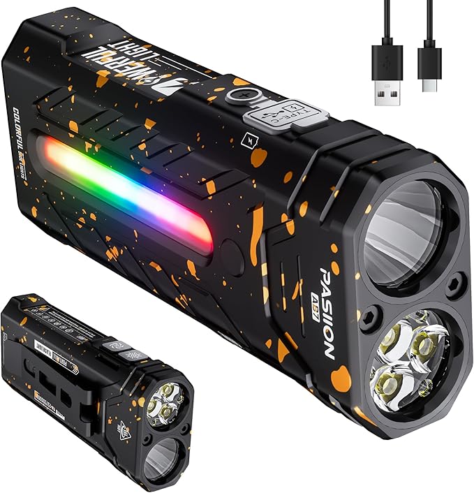 EDC Rechargeable Flashlight 3250 Lumens with RGB Light,55 Modes Multifunctional Flat Flashlight with Floodlight,Spotlight and Magnetic Base,Waterproof USB C Flashlight for Camping,Home,Emergencies