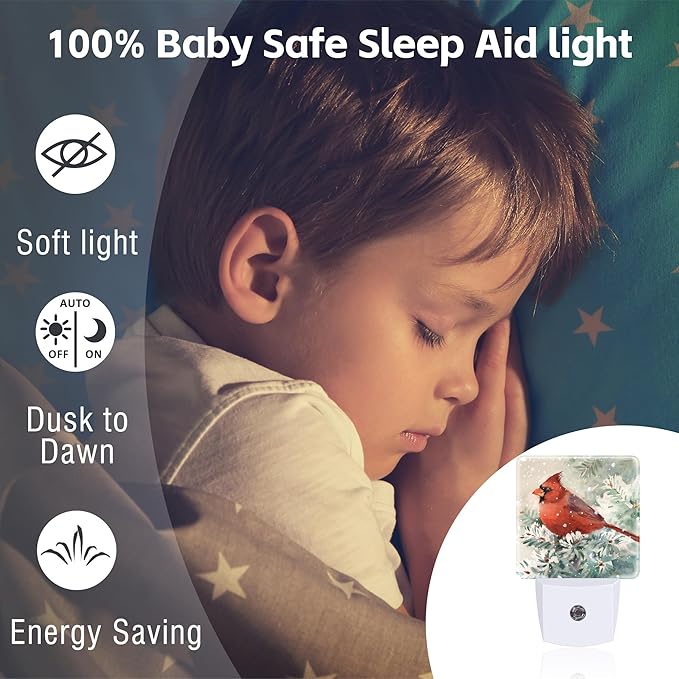 Winter Cardinal Pine Tree Night Light, Christmas Snow Red Cardinal Dusk to Dawn Night Light Plug in, 0.5w Energy Saving Sleep Friendly NightLight for Kids Boys Girls Home Decor