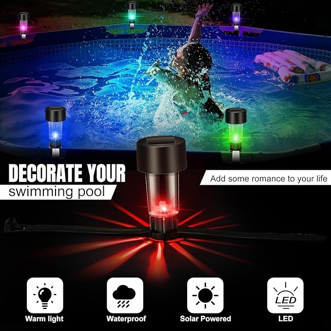 VIHOSE Pool Solar Lights for Framed Above Ground Pools Waterproof Solar Light Outdoor Swimming Pool Fence Decorations Pool Accessories Night Lights(Colorful Light,16 Pcs)