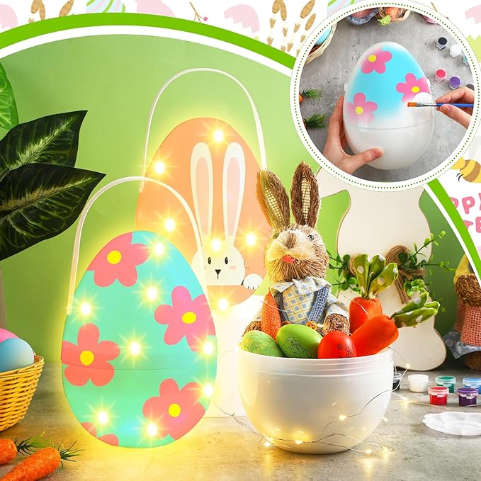 Colingmill 4 Sets Jumbo Easter Egg Plastic Fillable 10 Inch Giant Paintable Eggs with Handles Large White DIY Containers Paint Your Own Egg Lamp Kit for Easter Decor Basket Stuffers Fillers