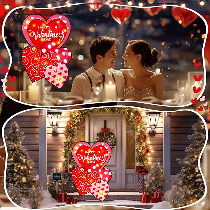 VIHOSE Valentine Garden Flag, 12 x 18 Inch Double Sided Solar Powered LED Heart Flag with Lighting 8 Modes Happy Valentine Red Love Heart Yard Flags Outdoor Banner for Valentine's Day Decorations