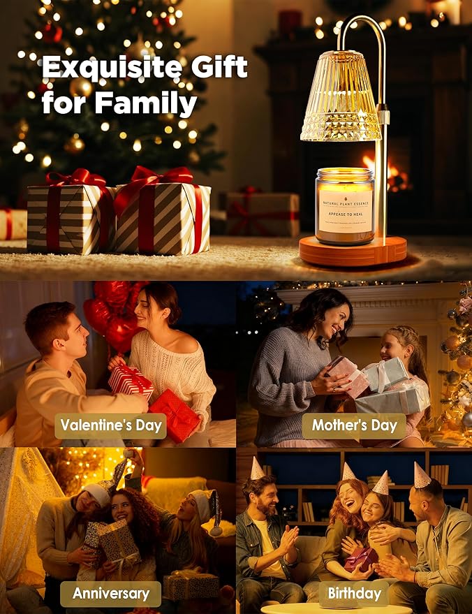 TATAANTY Candle Warmer Lamp with Timer Dimmable, Height-Adjustable Candle Warmer with 2 Bulbs, Gifts for Women, Golden Shade, Wood Base