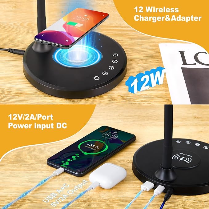 KAiSnova Desk Lamp for Office Home, Gooseneck Desk Lamp with Wireless Charger, Touch Table Lamp with USB C+A Charging Ports, 5 Colors Dimmable Bedside Reading Lamp for College Dorm Room Black