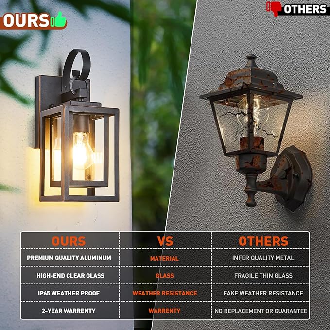 2-Pack Outdoor Wall Lights with Waterproof, Exterior Lighting Fixtures Wall Mount, Black Finish with Gold Trim Porch Lights Outdoor Wall Sconces Lanterns, Modern Coach Lights for House, Doorway