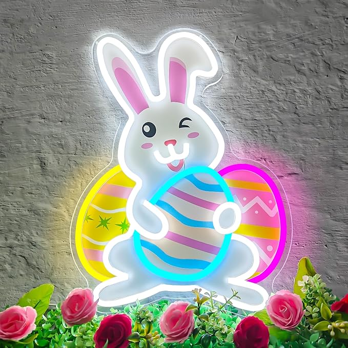 Easter Neon Sign Bunny Led Sign Printing Easter Wall Decor Bunny Eggs Light Sign Rabbit Decorations for Door Window Easters Gifts for Kids