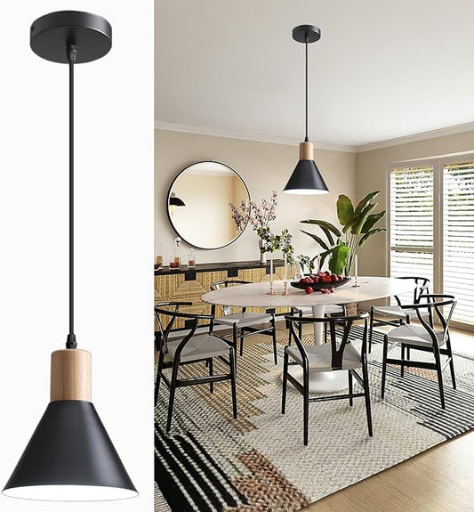 Mini Kitchen Over Island Pendant Lights, Solid Wood Ceiling Hanging Lamp, Modern Matte Black Pendant Lighting for Kitchen Island Dining Living Room Bedroom
