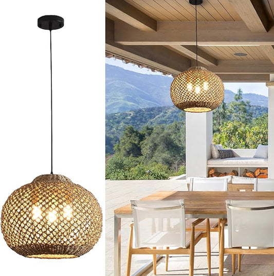 16.94" Rattan Pendant Light Fixture, 3-Light Woven Wicker Seagrass Hanging Lighting Boho Coasta Rattan Chandelier of Kitchen Island Farmhouse Dining Room Entryway Foyer