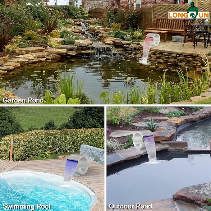 LONGRUN J-Shaped Waterfall Spillway Stainless Steel Swimming Pool Fountain, RF & APP Controled LED Light Outdoor Pond Waterfalls Kit for Garden Patio Swimming Pool Koi Ponds Decoration -13.6" Height