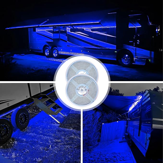 COB RV Awning Lights, 12V 32.8FT Camping Awning Light, IP68 Waterproof LED Lights, RV Exterior Strip Lights for Motorhome Travel Trailer Canopy Party, Stands Food Trucks (Blue)