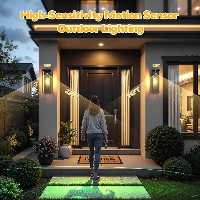 Motion Sensor Outdoor Wall Light 2Pack-15in Modern Dusk to Dawn Porch Sconce Wall Mounted Waterproof Exterior Lighting Fixture E26 Black Lantern for Outside House Garage Entryway