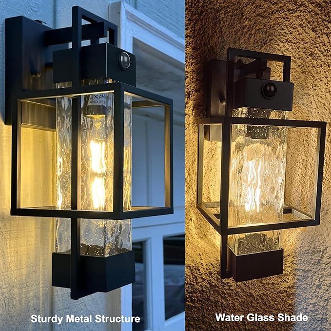 PARTPHONER Modern Motion Sensor Outdoor Wall Lights 2 Pack, 15" Exterior Wall Sconce Waterproof Porch Light, Outside Light for House with Water Glass for Garage Doorway-Only Lights up with Motion