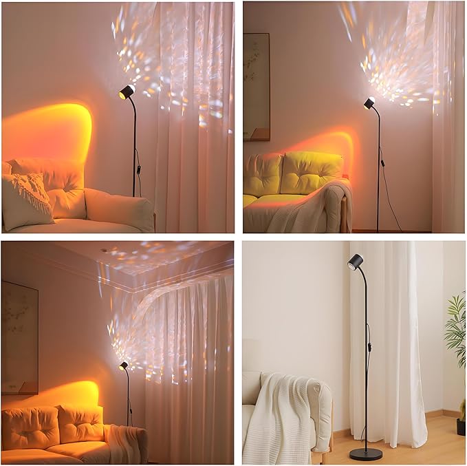 Sunset Projection Floor Lamp with 3D Waves, Dual Head Sunset Lamp with Creative DIY Mode, Multiple Colors and Interchangeable Background Mode, 360 ° Rotating Atmosphere, Sunset Mood Floor Light