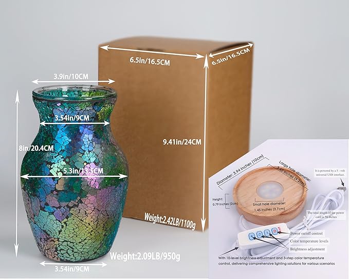 8-Inch Handcrafted Mosaic Cracked-Ice Vase Bedside Lamp with USB-Powered LED Wooden Base 10 Brightness Levels & 3 Color Temperatures,Art Decor Purple-Green Vase Night Light for Home