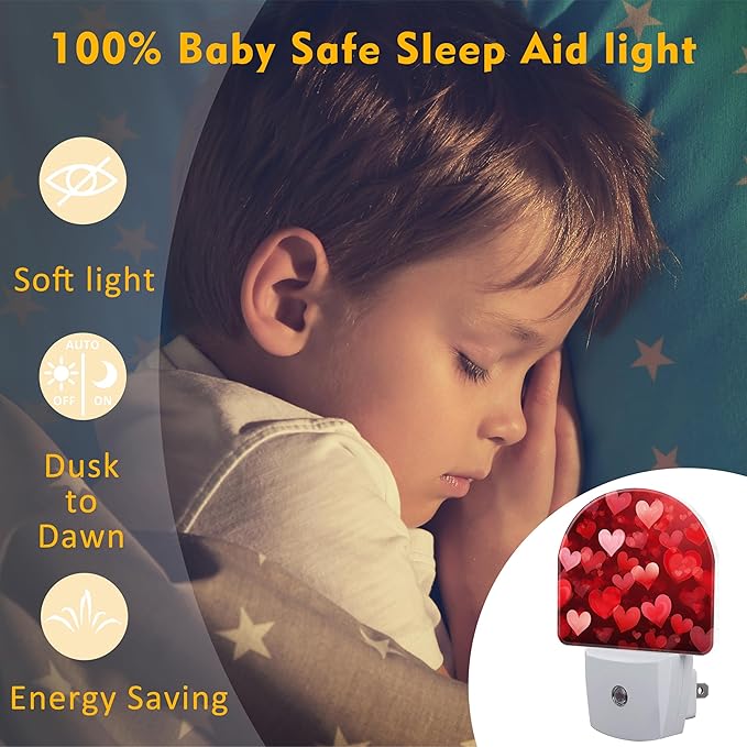 Red Love Hearts Night Light Plug into Wall,Romantic Sweet Red Heart Dusk to Dawn Night Light,0.5w Energy Saving Sleep Friendly Nightlights for Kids, Ideal Gifts for Birthday Mother's Day