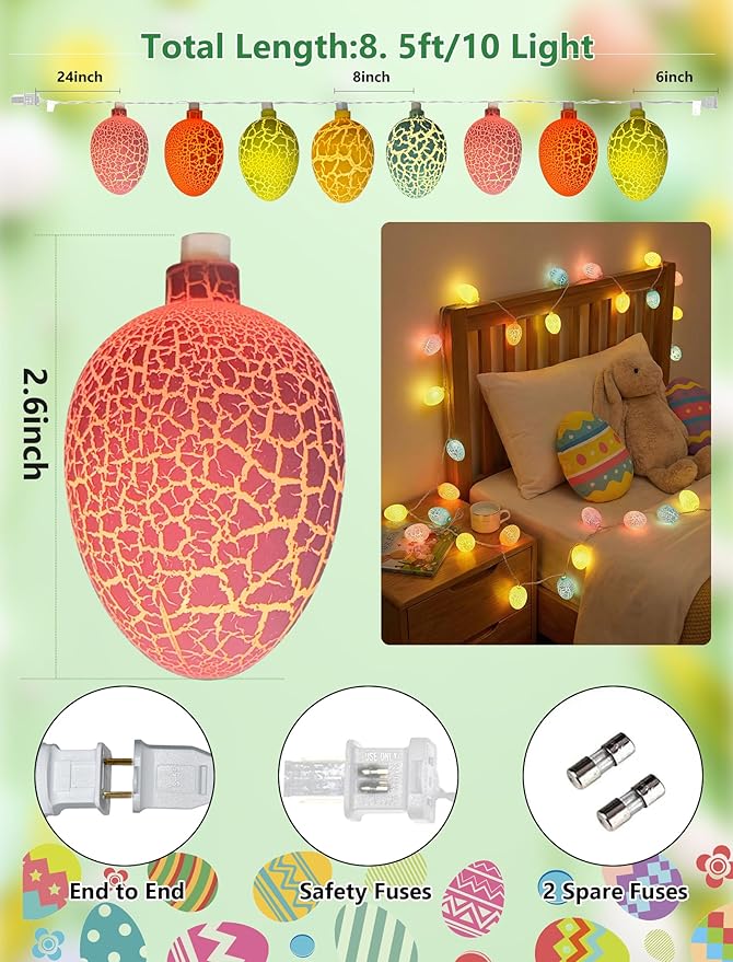 8.5Ft Easter Egg String Lights Outdoor, Easter Decorations String Lights with 10 LED Colorful Cracked Egg Lights Plug in, Hanging Pastel Easter Light for Spring Garland Party Yard Home Window Decor