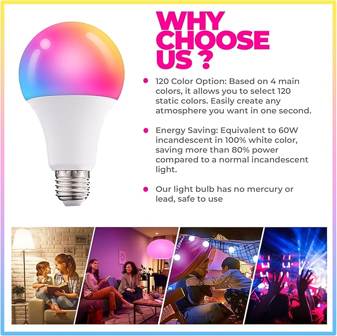 Droiee Dimmable E26 Warm LED Light Bulb, 6W RGBW Color 500LM with 16 Color Changing Modes for Christmas, Party etc with Remote Control 2 Pack