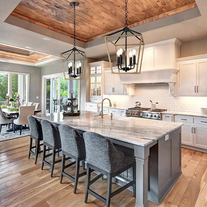 Farmhouse Chandelier 4-Light, Oak Wood Pendant Light Fixture for Kitchen Island Dining Room, Lantern Industrial Lighting Ceiling Hanging with Metal Cage Adjustable Height for Entryway Foyer