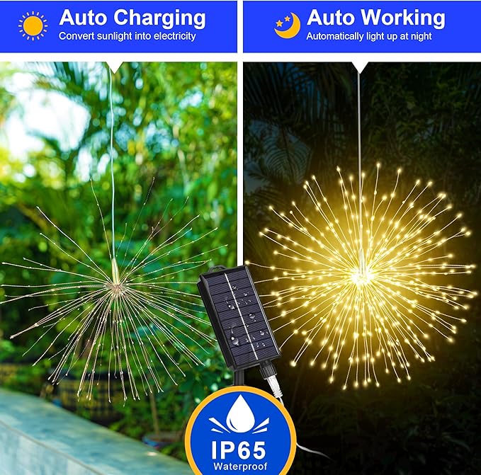 Solar Firework Lights Outdoor, 5 Pack 1000LED Solar Starburst Lights with Remote, 8 Modes Dimmable Waterproof Hanging Fairy Lights for Garden, Patio, Holiday Christmas Decor (Warm White)