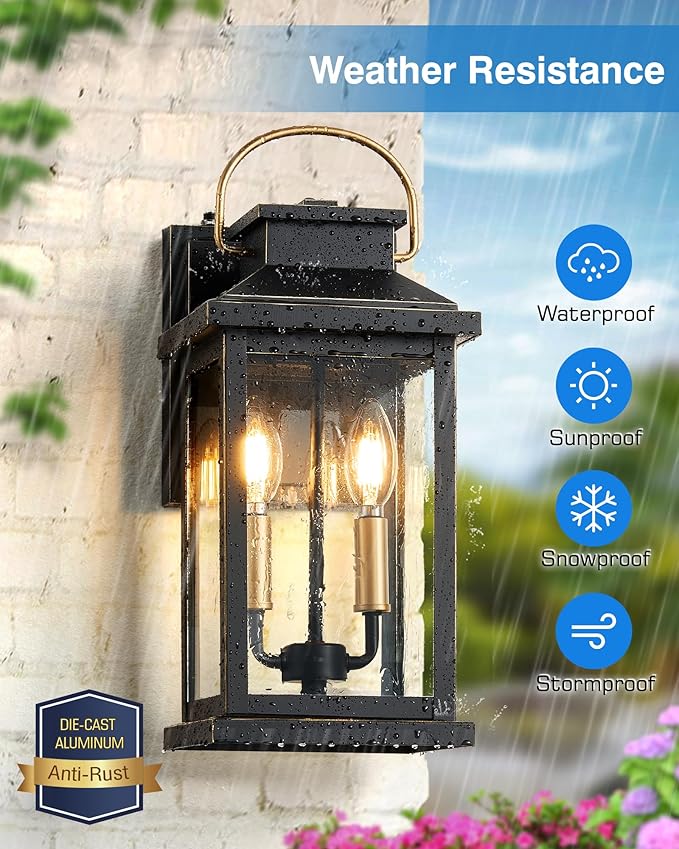 VIANIS Large Porch Lights Outdoor Dusk to Dawn, Black Gold Accents Exterior Lighting Fixtures Wall Mount for House, Modern Outdoor Sconces Wall Lighting for Patio, Waterproof Coach Lights for Garage