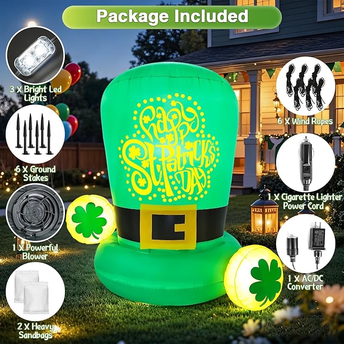 St Patricks Day Inflatables Outdoor Decorations 5FT Green Leprechaun Hat Blow Up Yard Car Roof Saint Patrick's Hats with Shamrock Party St. Pattys Inflatable Holiday Garden Patio Décor