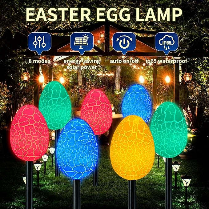 2 Pack Solar Easter Decorations Outdoor Lights,with 8 Modes 12 LED Egg Light,Waterproof Outdoor Solar Lights for Garden Yard Pathway Lawn Grave (Egg)