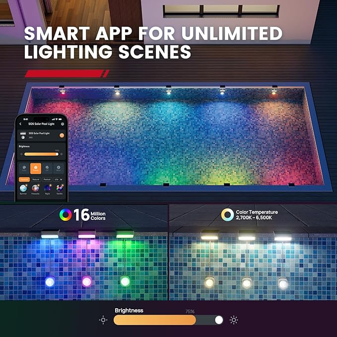 Enhulk Pool Lights with APP Control - 43+ Color Scenes & Timer, IP68 Waterproof Above Ground Pool Light,Poolside Solar Light, RGBW Solar Pool Lights for Garden, Pond, Patio (White 2-Pack)