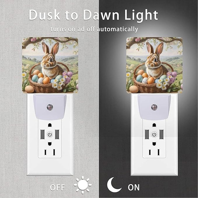 Easter Rabbit Night Light Plug-in,Dusk to Dawn Smart Sensor Led Nightlight for Bedroom Bathroom Kitchen Hallway Stairs Energy Efficient Decor Desk Lamp
