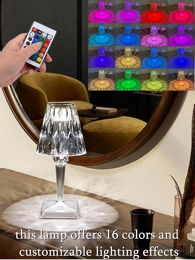 Crystal Table Lamp Touch Light LED Night Lights USB Rechargeable Cordless Lamp with 16 Color Remote Changing Portable Bedside Lamps Cute Small Lamp for Bedroom Decor Desk Lamp (Diamonds)