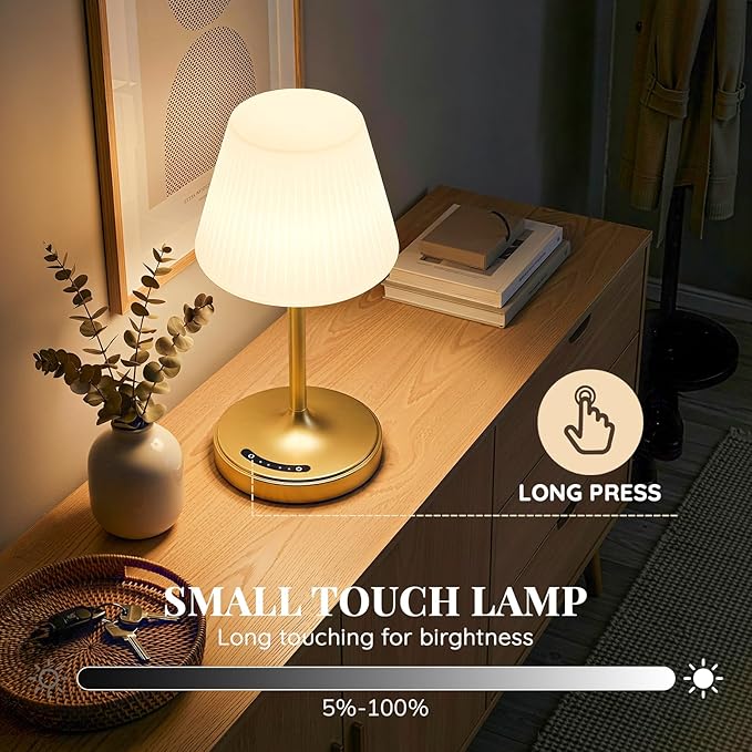 Cordless Table Lamp, Waterproof Shower Lamp, 4000mAh Rechargeable Table Lamps, 3-Color Dimmable Light, Battery Operated Lamp Desk Night Lamp for Bathroom Bedroom Patio Camping Restaurant (Gold)