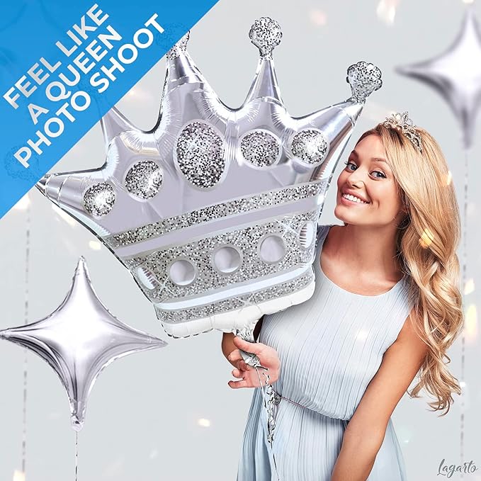 3Pcs Silver Crown Balloons – Extra Large 39" Foil Silver Balloons Set, Reusable Self-Sealing Design, Durable & Easy to Inflate – Centerpiece for Parties, Photo Backdrops & Princess Theme Decorations