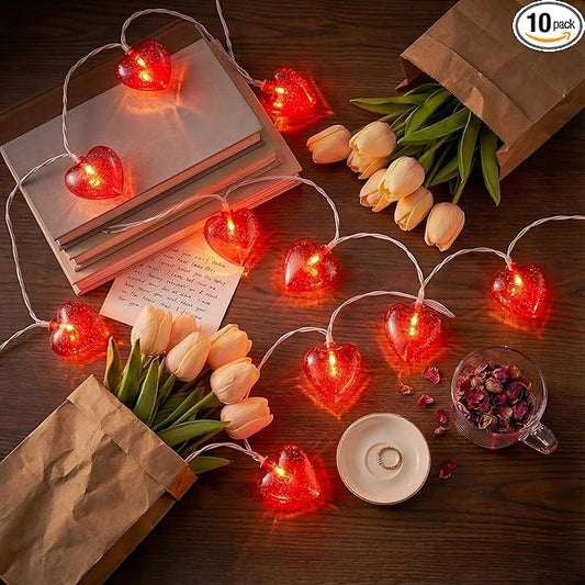 8.5Ft Valentines Day Lights,Heart Lights String with 10 Pack Shiny Glitter Red 3D Heart Lights,Plug in Valentine Light for Indoor Outdoor Valentine's Day Party Wedding Anniversary Decor