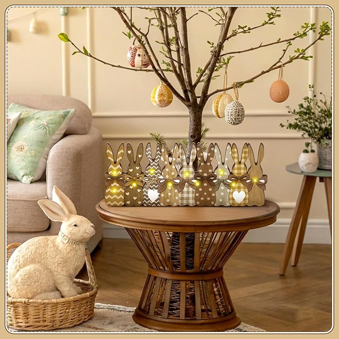 Yousoontic Rustic Easter Bunny Decor with LED Lights, 9-piece Wooden Plaid Bunny Centerpiece, Farmhouse Vintage Brown Rabbit Sign for Mantel, Tiered Tray, Dining Table and Spring Home Decoration