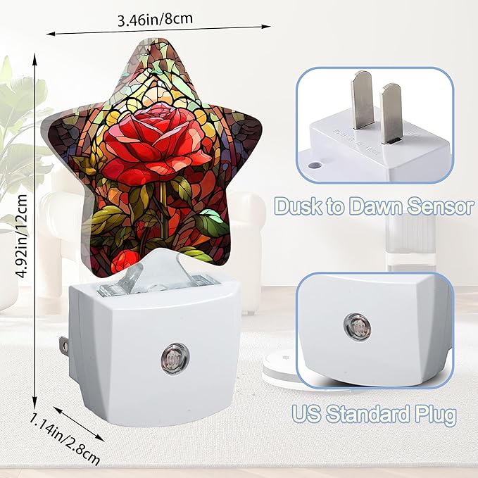 Red Rose Stained Glass Dusk to Dawn Star Night Light,Abstract Smart Sensor Nightlight for Bedroom Kitchen Hallway Stairs,Plug-in Energy Efficient Decor Desk Lamp Women Men Gifts