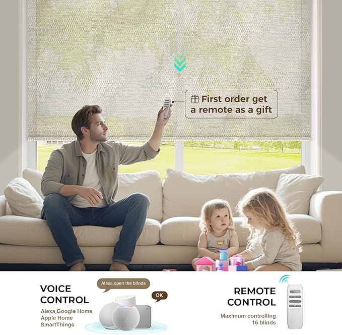 HeyBlinds Motorized Roller Shades, Smart Blinds for Windows, Remote Automatic Window Shades, Electric Shades, Light Filtering, Compatible with Alexa Google Apple Home (Sunbeam-Light Camel LF)